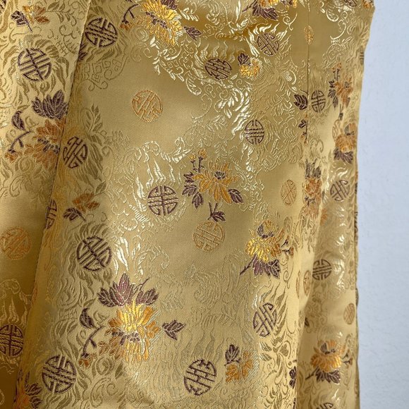 One Shoulder Formal Gown, Gold and Maroon Metallic Floral Brocade, Size 1/3 - Picture 8 of 15